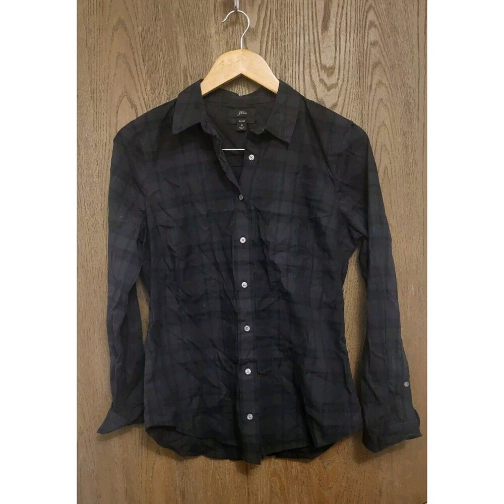 J Crew Womens Button Up Plaid Navy Green Long Sleeve Shirt Size 6
